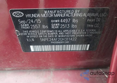 2016 Hyundai Sonata Se from USA, damaged, VIN 5NPE24AF2GH311422